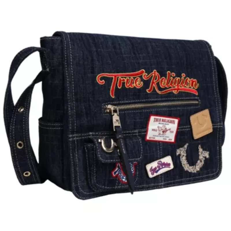 True Religion Multi Patch Denim Messenger Bag