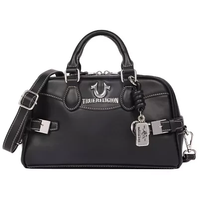 True Religion Brooks Smooth PU Belted Satchel – Women’s Top Handle with Detachable Crossbody Strap (Black)