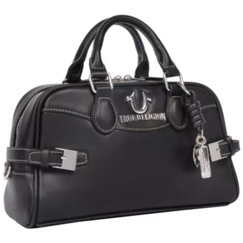 True Religion Brooks Smooth PU Belted Satchel – Women’s Top Handle with Detachable Crossbody Strap (Black)