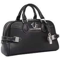 True Religion Brooks Smooth PU Belted Satchel – Women’s Top Handle with Detachable Crossbody Strap (Black)