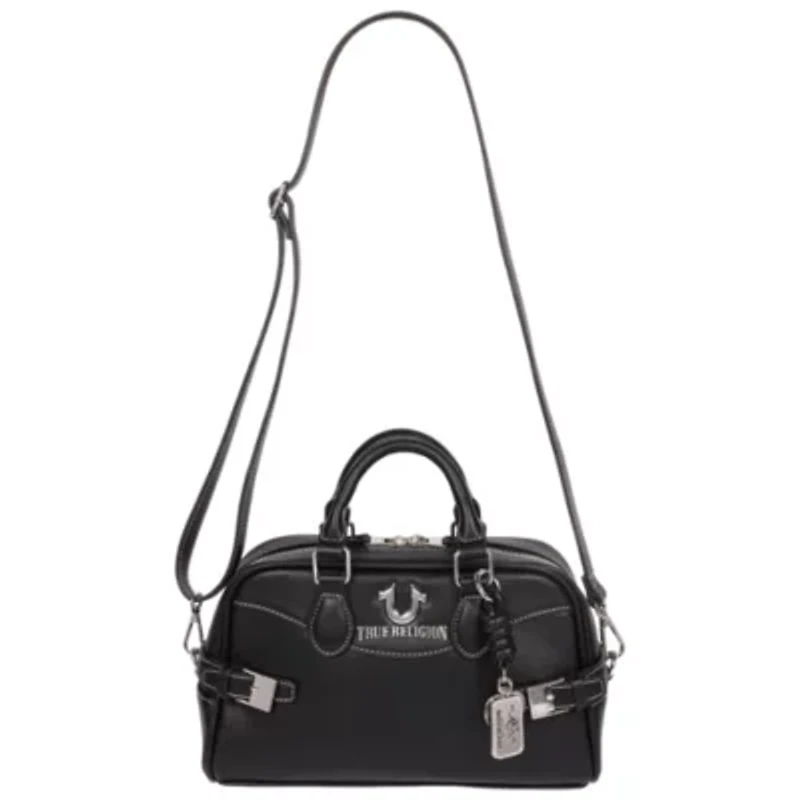 True Religion Brooks Smooth PU Belted Satchel – Women’s Top Handle with Detachable Crossbody Strap (Black)