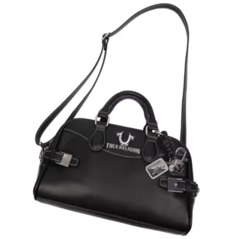 True Religion Brooks Smooth PU Belted Satchel – Women’s Top Handle with Detachable Crossbody Strap (Black)
