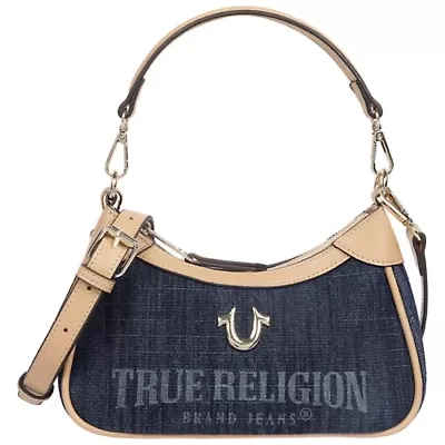 True Religion Blair Denim & PU Shoulder Bag – Logo Mini with Detachable Strap (Denim)