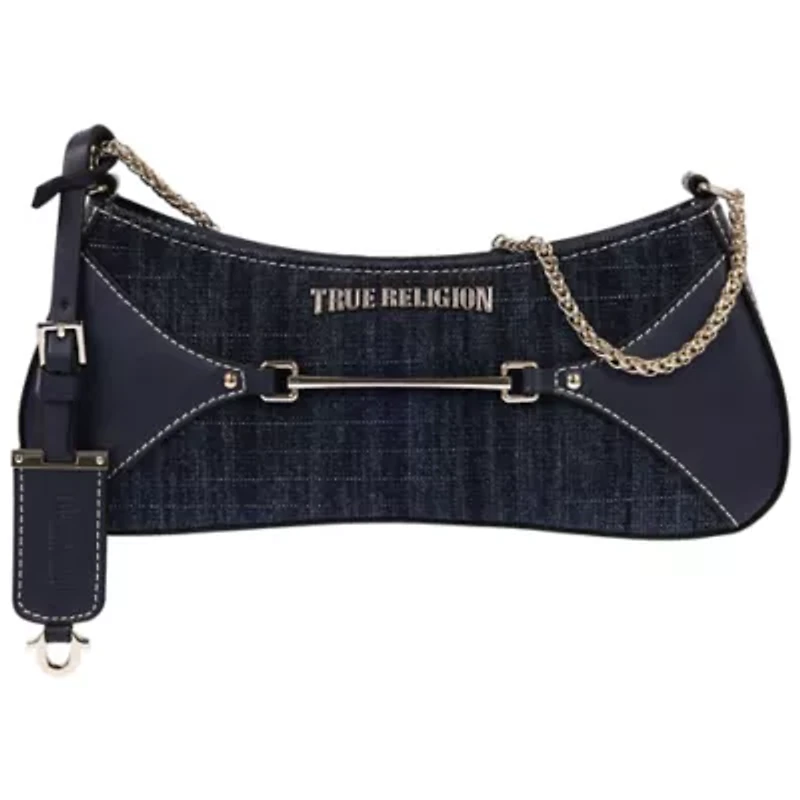 True Religion Horseshoe Chain Denim Shoulder Bag – Charm Detail Zip Top Purse with Adjustable Strap
