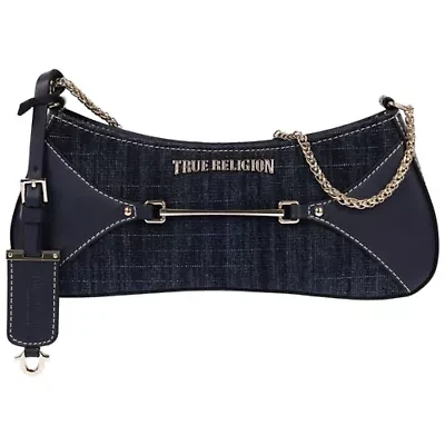 True Religion Horseshoe Chain Denim Shoulder Bag – Charm Detail Zip Top Purse with Adjustable Strap