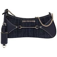 True Religion Horseshoe Chain Denim Shoulder Bag – Charm Detail Zip Top Purse with Adjustable Strap