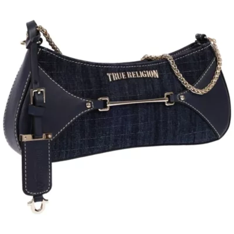 True Religion Horseshoe Chain Denim Shoulder Bag – Charm Detail Zip Top Purse with Adjustable Strap