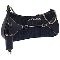 True Religion Horseshoe Chain Denim Shoulder Bag – Charm Detail Zip Top Purse with Adjustable Strap