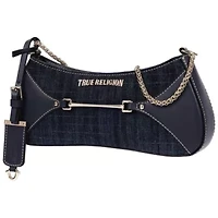 True Religion Horseshoe Chain Denim Shoulder Bag – Charm Detail Zip Top Purse with Adjustable Strap