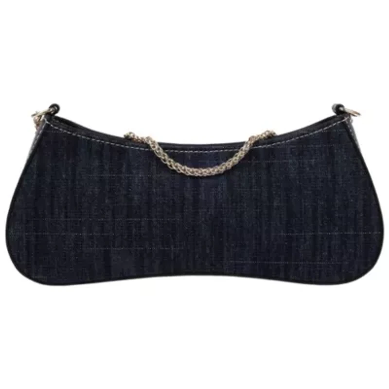 True Religion Horseshoe Chain Denim Shoulder Bag – Charm Detail Zip Top Purse with Adjustable Strap