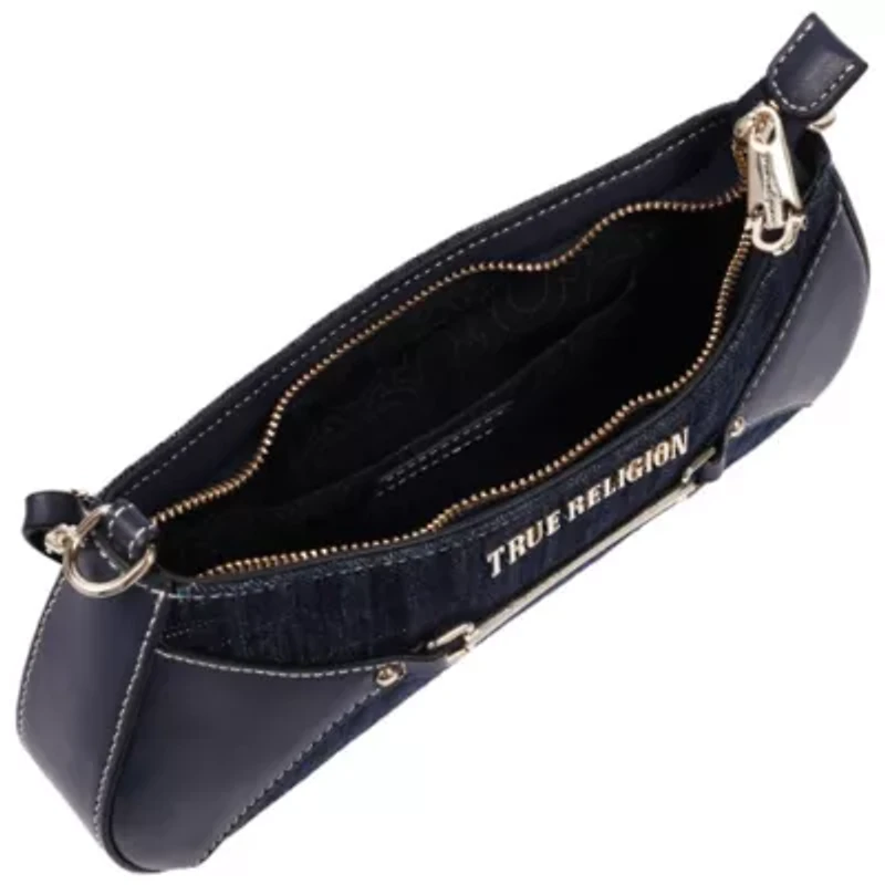 True Religion Horseshoe Chain Denim Shoulder Bag – Charm Detail Zip Top Purse with Adjustable Strap