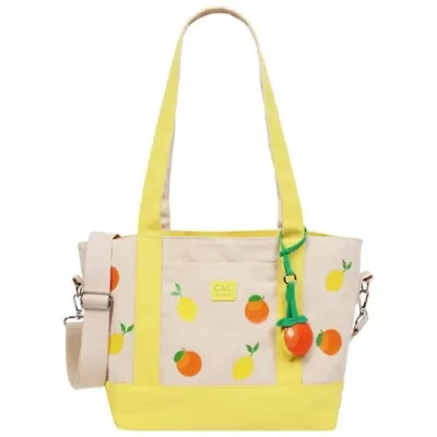 C & C California Citrus Fruit Print Cotton Canvas Tote with Contrast Trim & PU Charm