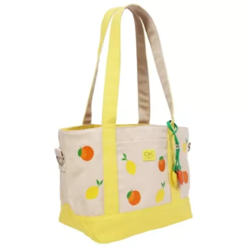 C & C California Citrus Fruit Print Cotton Canvas Tote with Contrast Trim & PU Charm