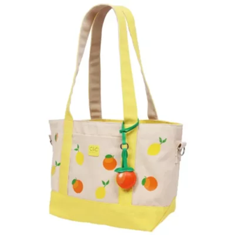 C & C California Citrus Fruit Print Cotton Canvas Tote with Contrast Trim & PU Charm