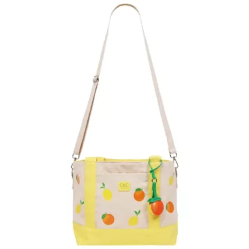 C & C California Citrus Fruit Print Cotton Canvas Tote with Contrast Trim & PU Charm