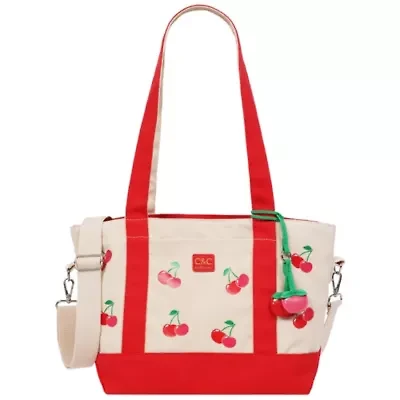 C & C California Cherry Print Cotton Canvas Tote with Contrast Trim & PU Charm