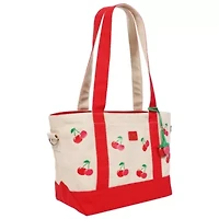 C & C California Cherry Print Cotton Canvas Tote with Contrast Trim & PU Charm