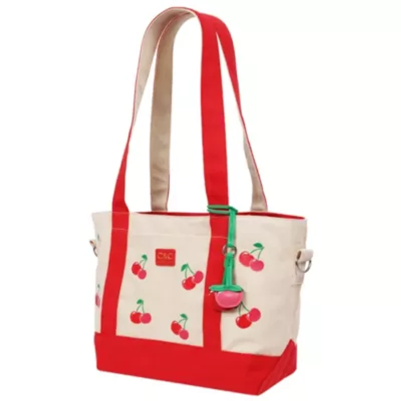 C & C California Cherry Print Cotton Canvas Tote with Contrast Trim & PU Charm