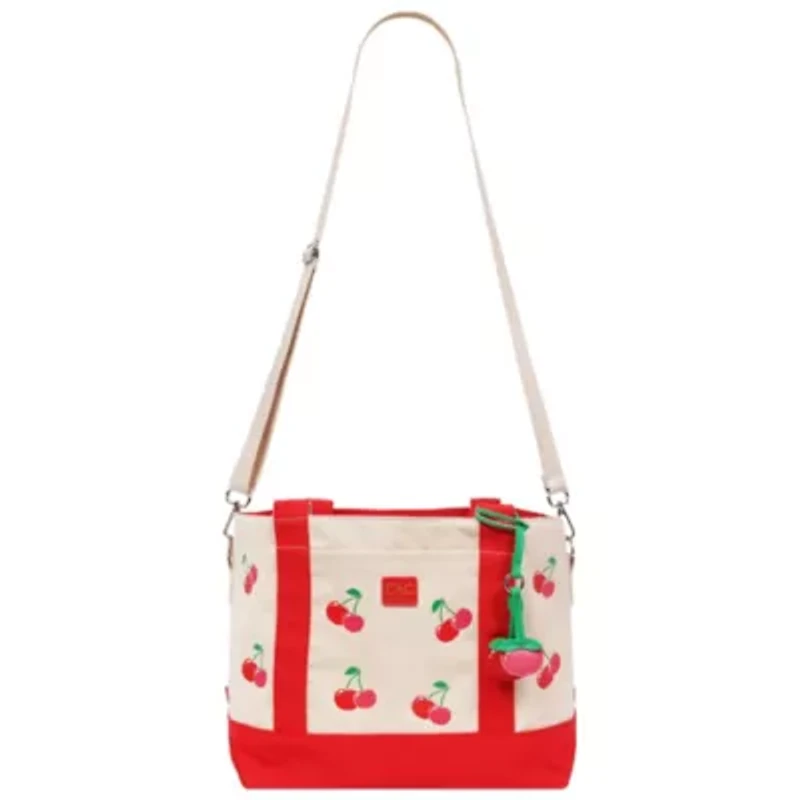 C & C California Cherry Print Cotton Canvas Tote with Contrast Trim & PU Charm
