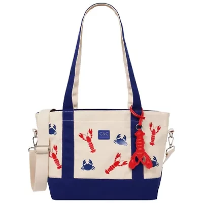 C & C California Lobster & Crab Print Cotton Canvas Tote with Contrast Trim & PU Charm