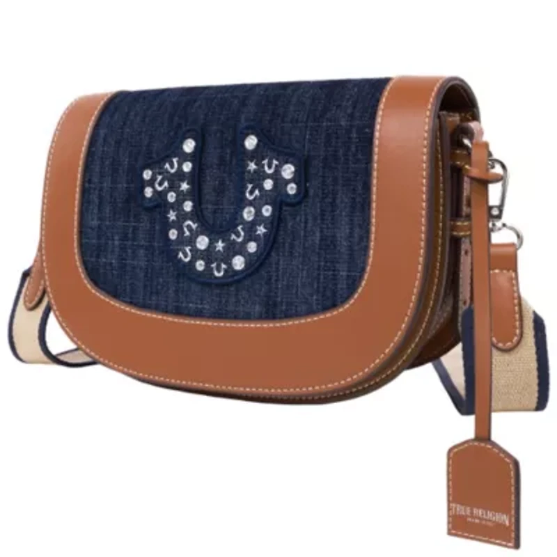 True Religion Studded Logo Denim Flap Bag