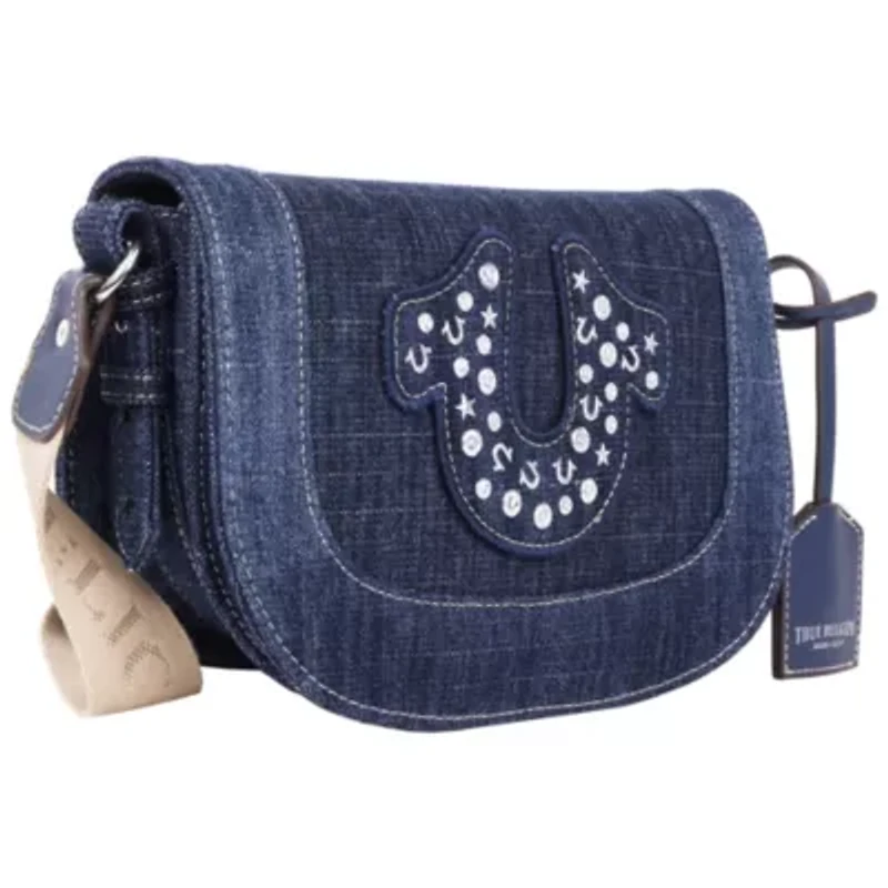 True Religion Studded Horseshoe Denim Flap Bag