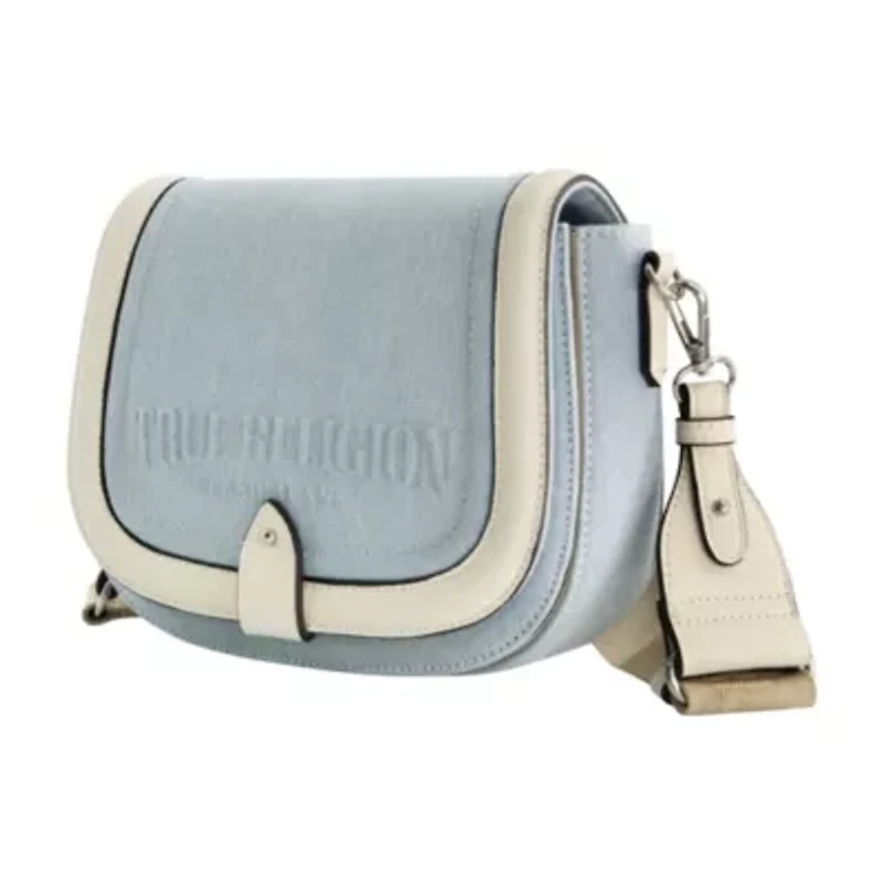 True Religion Distressed Logo Denim Saddle Bag