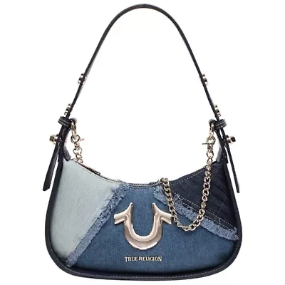True Religion Frayed Denim Horseshoe Flap Shoulder Bag