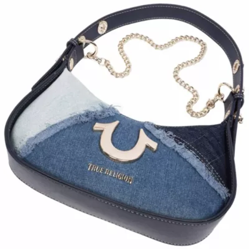 True Religion Frayed Denim Horseshoe Flap Shoulder Bag