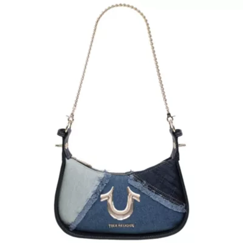 True Religion Frayed Denim Horseshoe Flap Shoulder Bag