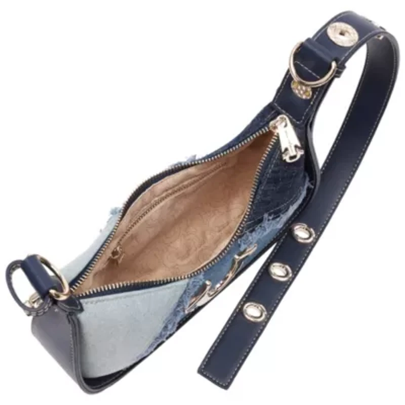 True Religion Frayed Denim Horseshoe Flap Shoulder Bag