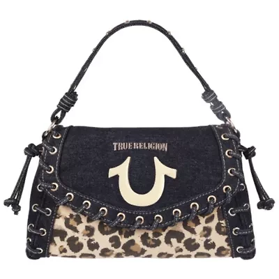 True Religion Denim Leopard Eyelet Trim Flap Bag