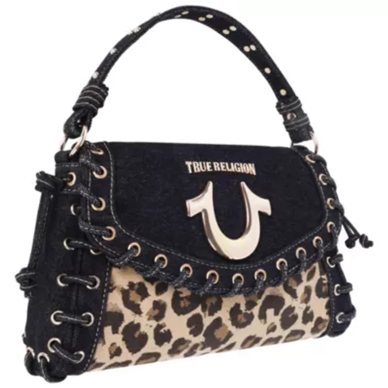 True Religion Denim Leopard Eyelet Trim Flap Bag