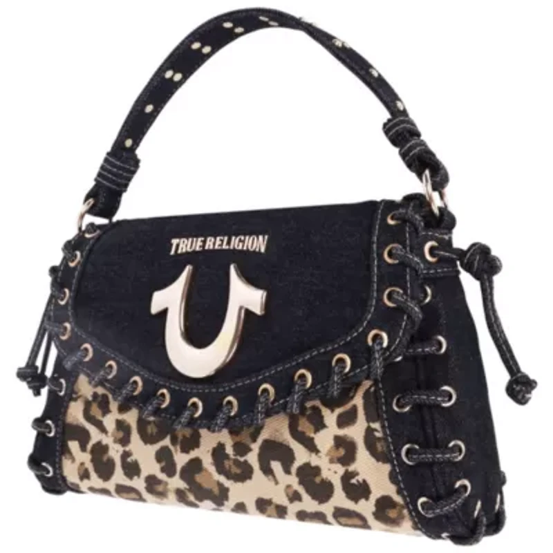 True Religion Denim Leopard Eyelet Trim Flap Bag