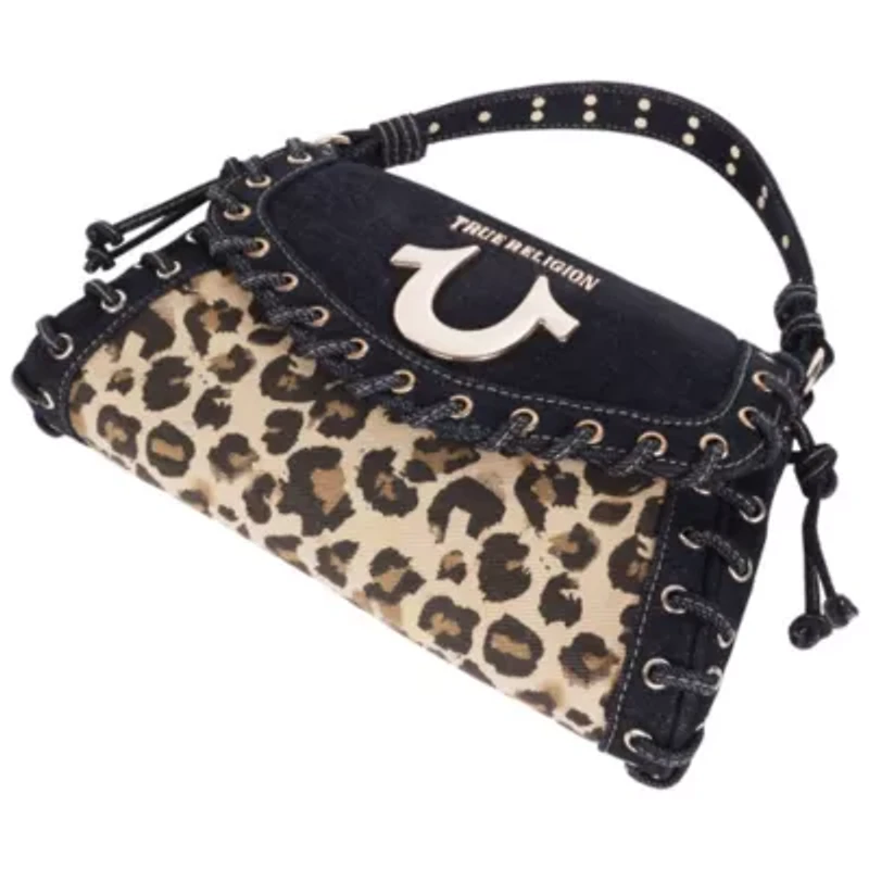True Religion Denim Leopard Eyelet Trim Flap Bag