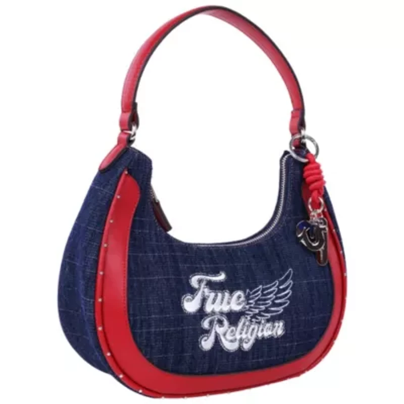 True Religion Wing Motif Denim Hobo Bag with Red Trim