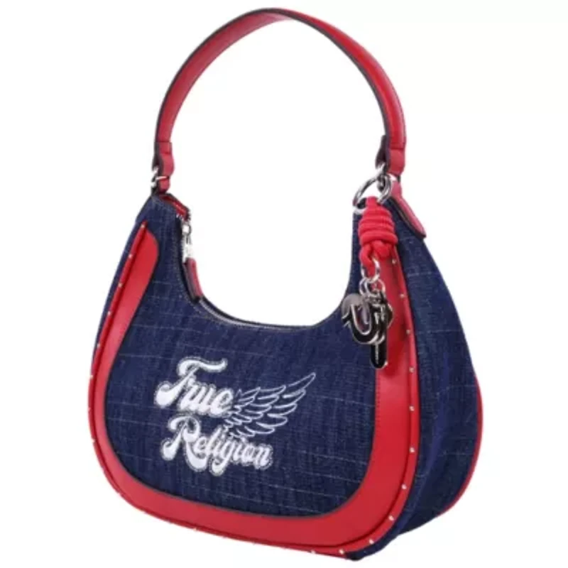 True Religion Wing Motif Denim Hobo Bag with Red Trim