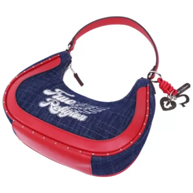 True Religion Wing Motif Denim Hobo Bag with Red Trim