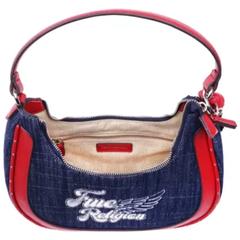 True Religion Wing Motif Denim Hobo Bag with Red Trim