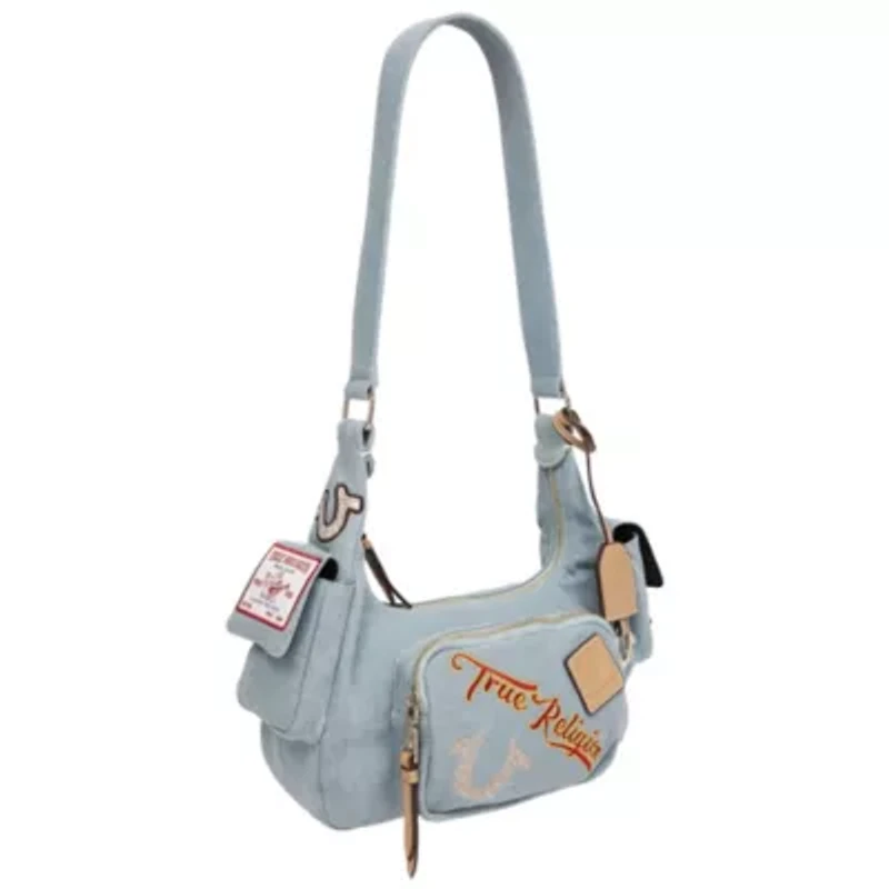 True Religion Multi-Patch Denim Hobo Shoulder Bag