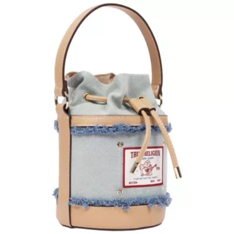 True Religion Buddha Patch Frayed Denim Bucket Bag