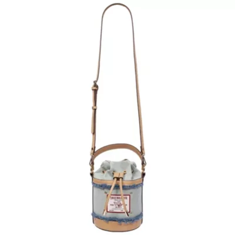 True Religion Buddha Patch Frayed Denim Bucket Bag