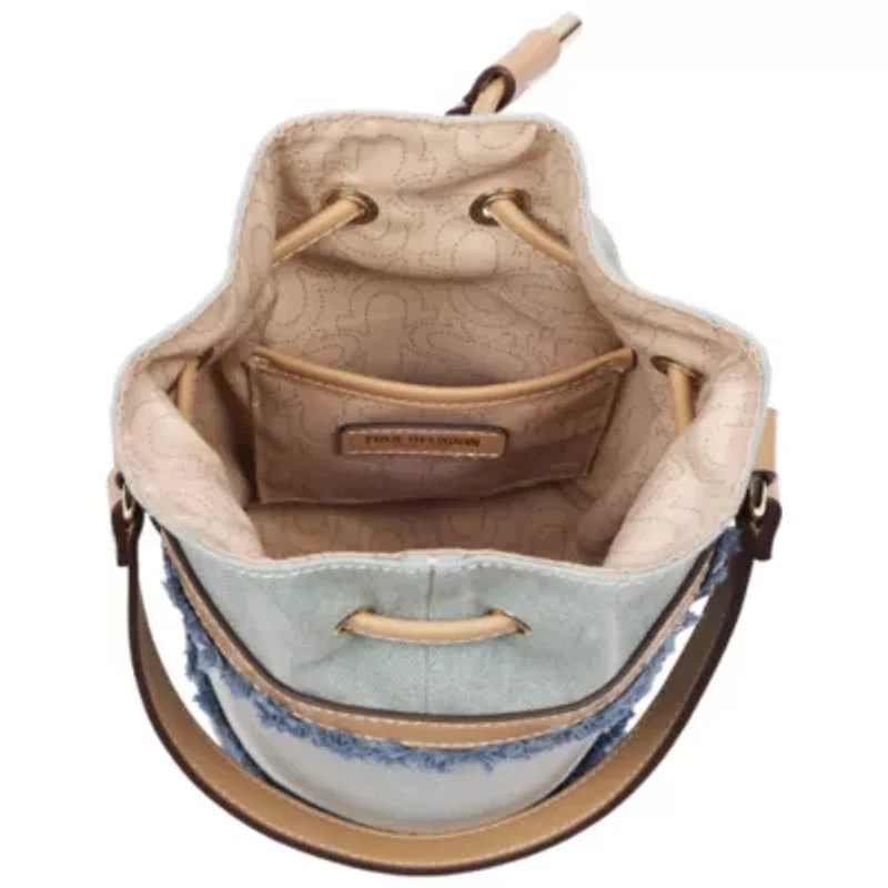 True Religion Buddha Patch Frayed Denim Bucket Bag