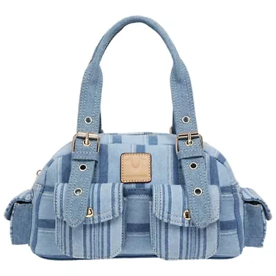 True Religion Multi Stripe Soft Satchel – Denim Mini Handbag with Utility Pockets