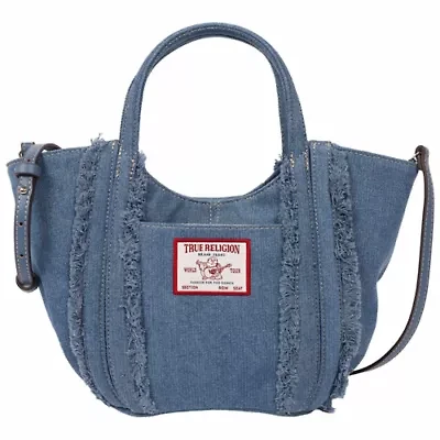 True Religion Atlas Frayed Medium Tote Bag – Denim Carryall with Removable Crossbody Strap
