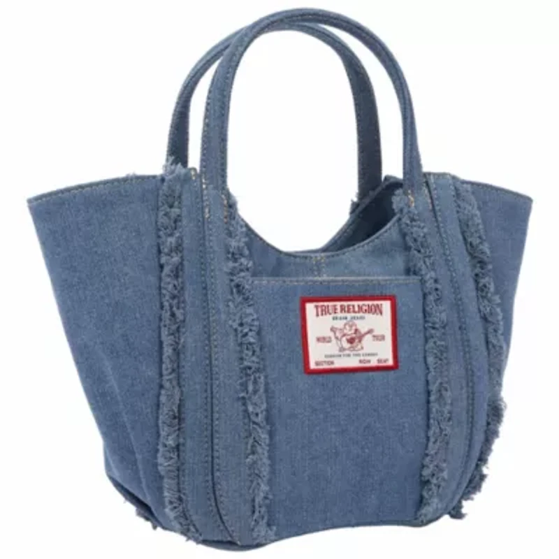 True Religion Atlas Frayed Medium Tote Bag – Denim Carryall with Removable Crossbody Strap