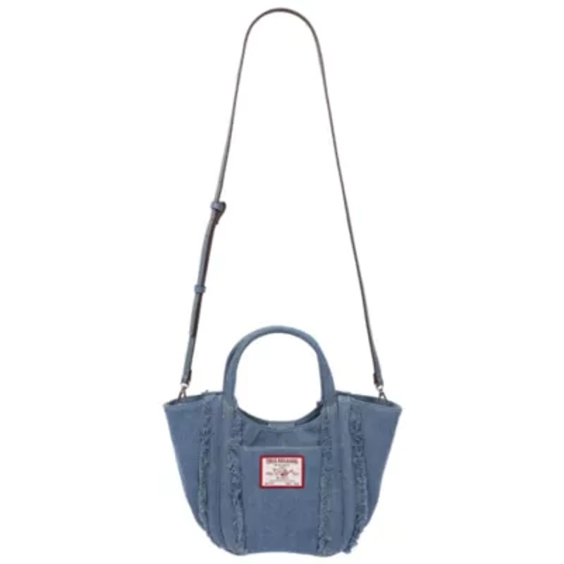 True Religion Atlas Frayed Medium Tote Bag – Denim Carryall with Removable Crossbody Strap
