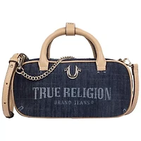 True Religion Bentley Denim & PU Mini Satchel – Women’s Top Handle Crossbody Handbag with Chain Detail (Dark Denim)