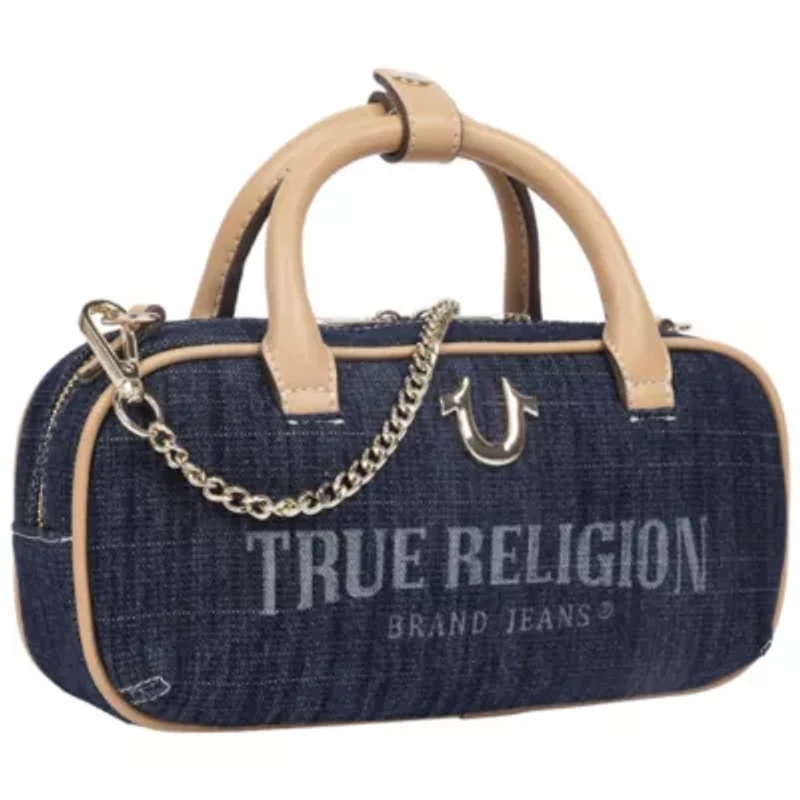 True Religion Bentley Denim & PU Mini Satchel – Women’s Top Handle Crossbody Handbag with Chain Detail (Dark Denim)