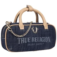 True Religion Bentley Denim & PU Mini Satchel – Women’s Top Handle Crossbody Handbag with Chain Detail (Dark Denim)